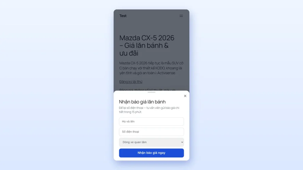 Popup kiểu bottom sheet trượt lên từ đáy màn hình điện thoại