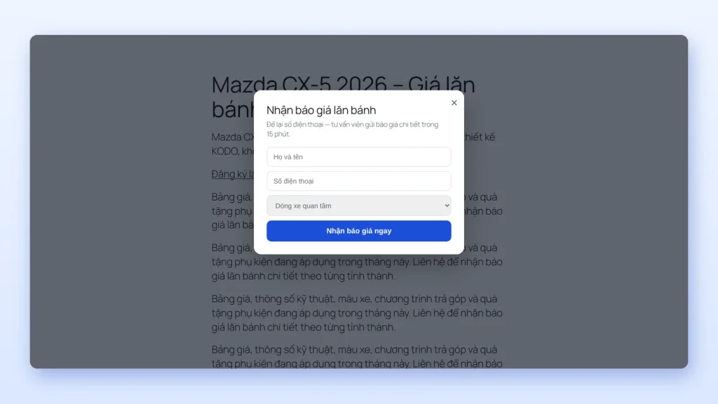 Popup nhận báo giá lăn bánh hiển thị trên desktop